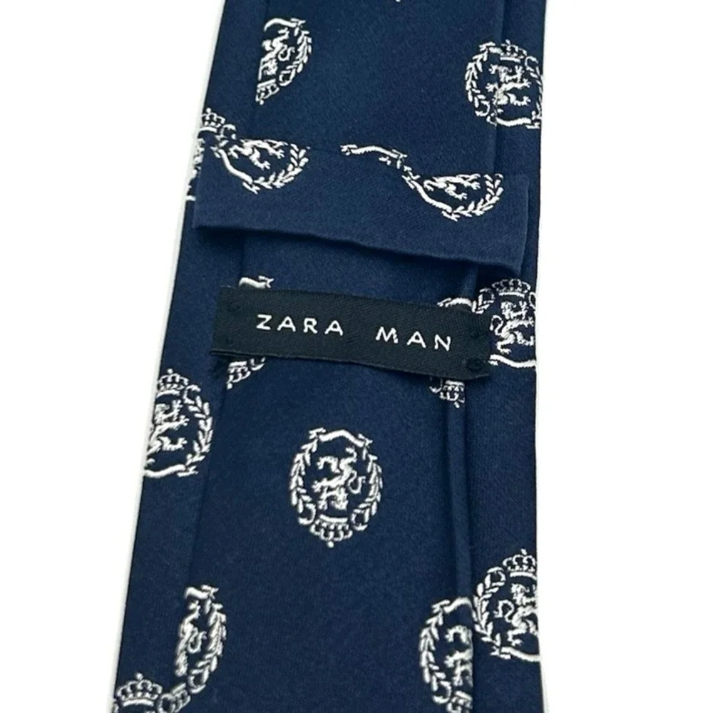 Zara Man 100% Silk Skinny Men's‎ Neck Tie Navy Crested 2 Width x 60 Length